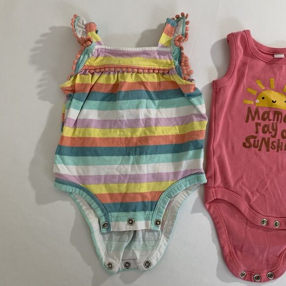 Set of 3 Bodysuits Baby Girl 3 Month Sleeveless Pink Sunshine Rainbow Stripe Dot - Picture 2 of 11